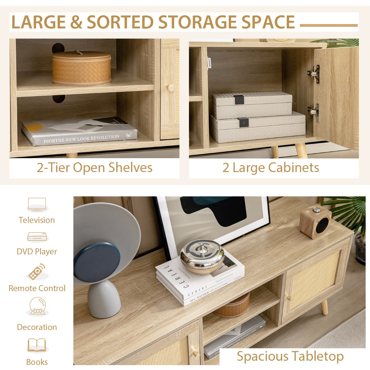 LIVSK TV-tafel - Geschikt voor tv's tot 55 inch - 2 Kasten - Open Vakken - Kabelgeleiding - Boho Stijl - Natuurlijk Hout
