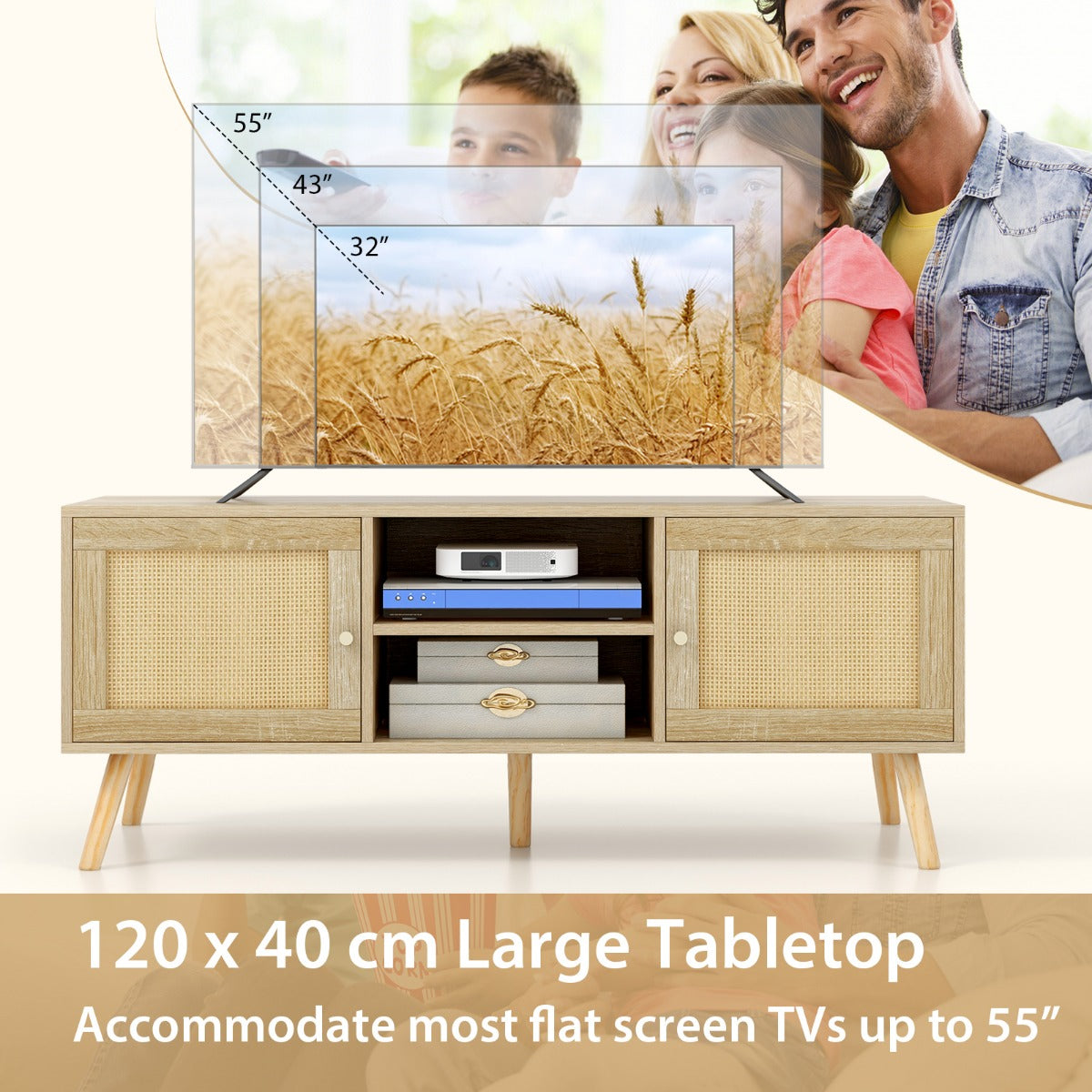 LIVSK TV-tafel - Geschikt voor tv's tot 55 inch - 2 Kasten - Open Vakken - Kabelgeleiding - Boho Stijl - Natuurlijk Hout