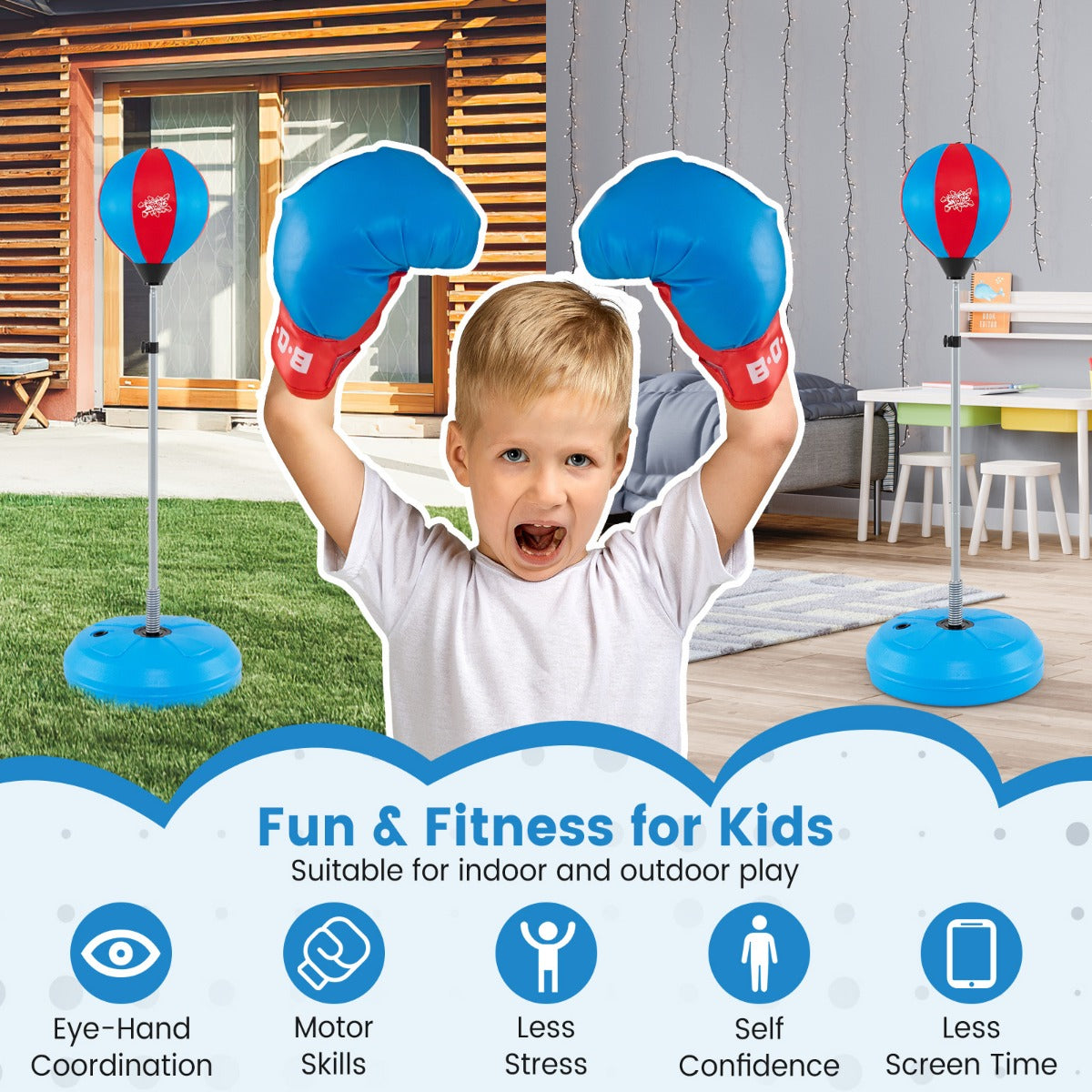 LIVSK Standbokser Set - Verstelbare Hoogte 120-154 cm - Inclusief Handschoenen - Duurzaam en Stabiliteit - Blauw