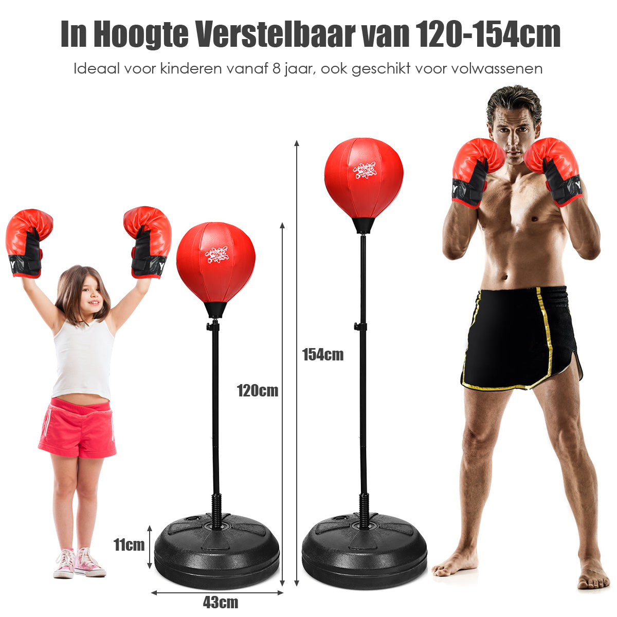 LIVSK Vrijstaande Bokshandschoenen Set - Verstelbare Hoogte 120-154 cm - Duurzaam - Inclusief Handschoenen en Pomp - Zwart & Rood