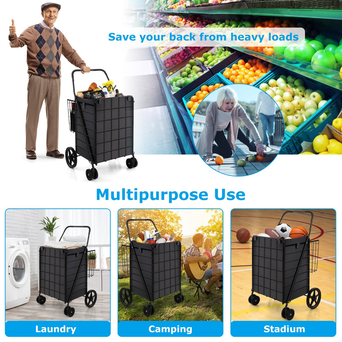 LIVSK Opvouwbare Boodschappentrolley - Ruime 120L Inhoud - Oxford Voering - Stevig Frame - Rubberen Wielen - Zwart