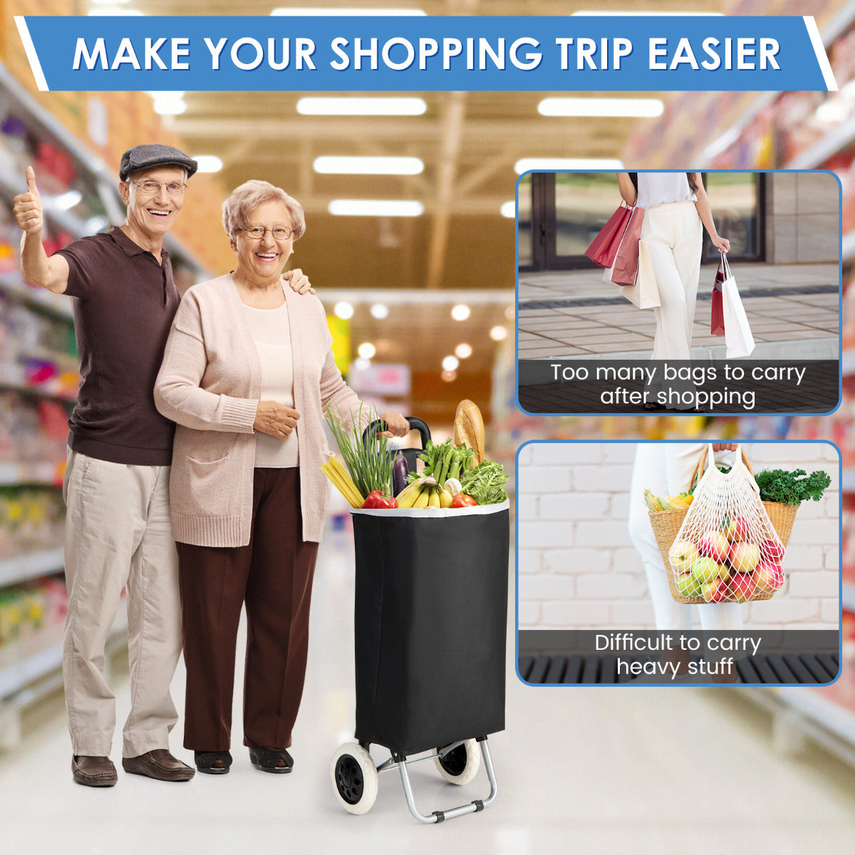 LIVSK Boodschappentrolley - Inklapbaar met 35L Capaciteit - Stevig Stalen Frame - Duurzame Wielen - Zwart