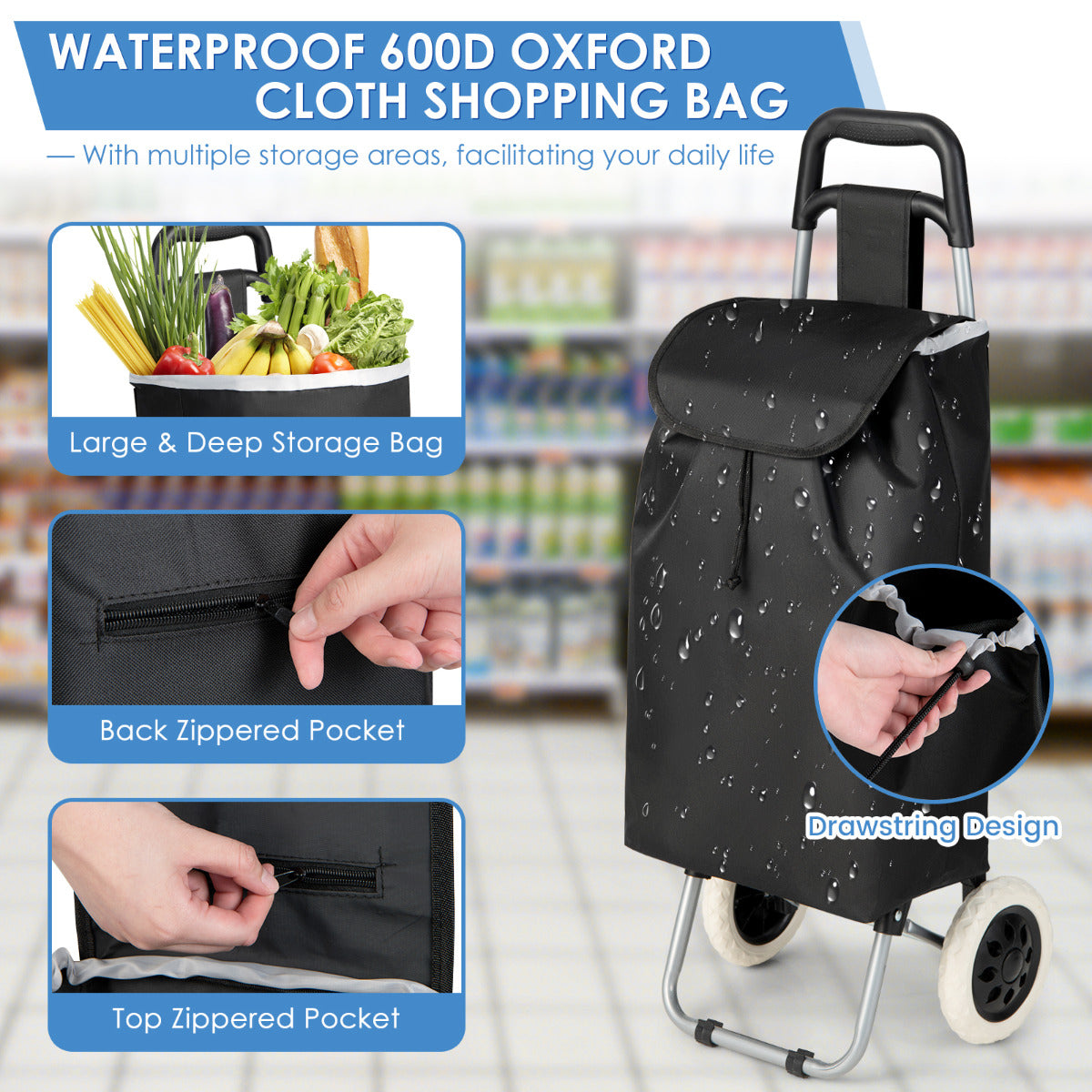 LIVSK Boodschappentrolley - Inklapbaar met 35L Capaciteit - Stevig Stalen Frame - Duurzame Wielen - Zwart