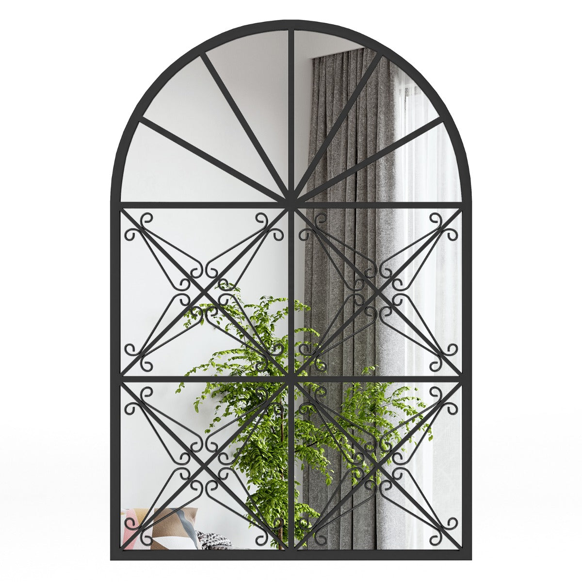 LIVSK Gebogen Decoratieve Spiegel - Geborsteld Metaal met Bloemen - Onbreekbare HD-Spiegel - Veilige Wandmontage - 58 x 87 cm -