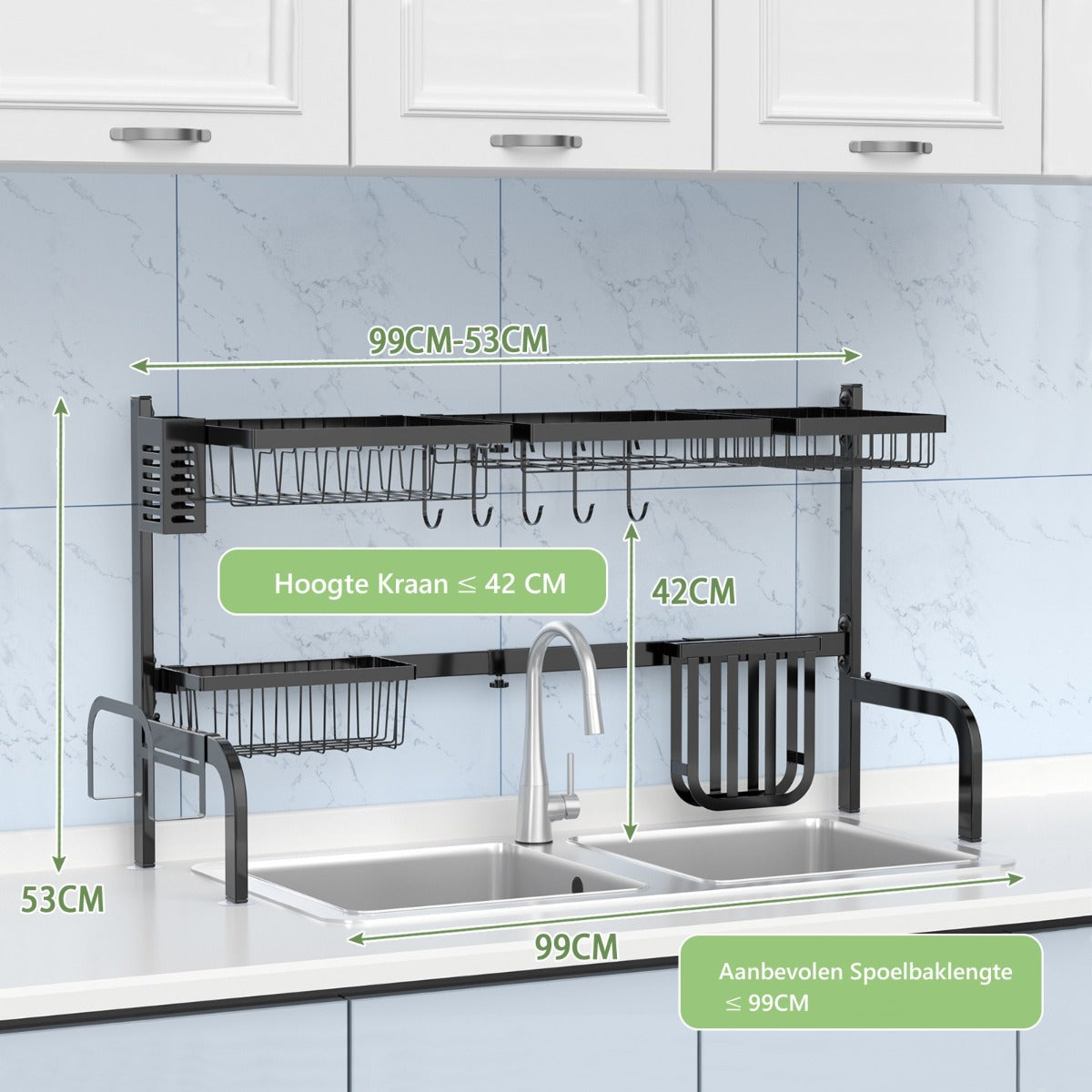 LIVSK Afdruiprek Boven Gootsteen - Verstelbare Lengte 53-99 cm - 3 Manden - Keukengerei Houder - 8 Haken - Zwart