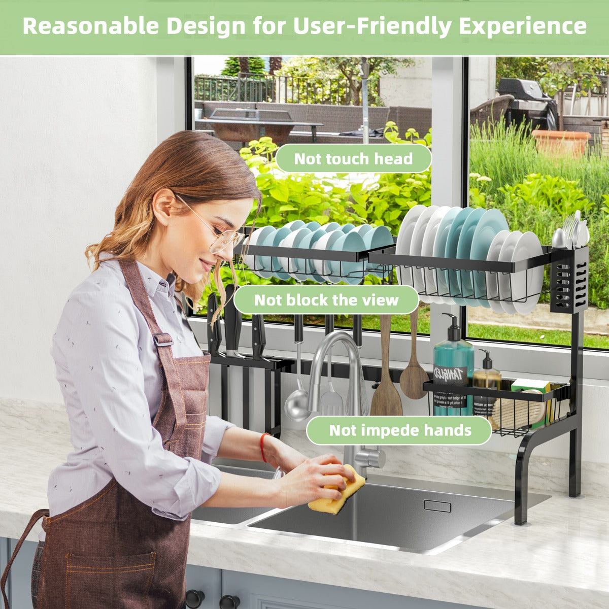 LIVSK Afdruiprek Boven Gootsteen - Verstelbare Lengte 53-99 cm - 3 Manden - Keukengerei Houder - 8 Haken - Zwart