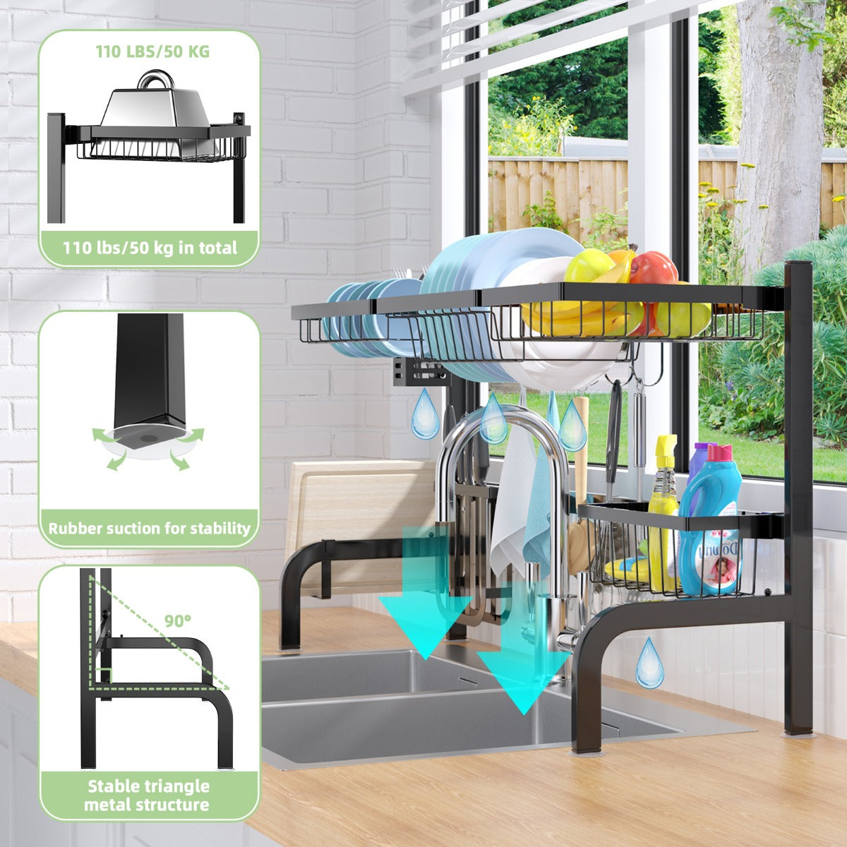 LIVSK Afdruiprek Boven Gootsteen - Verstelbare Lengte 53-99 cm - 3 Manden - Keukengerei Houder - 8 Haken - Zwart