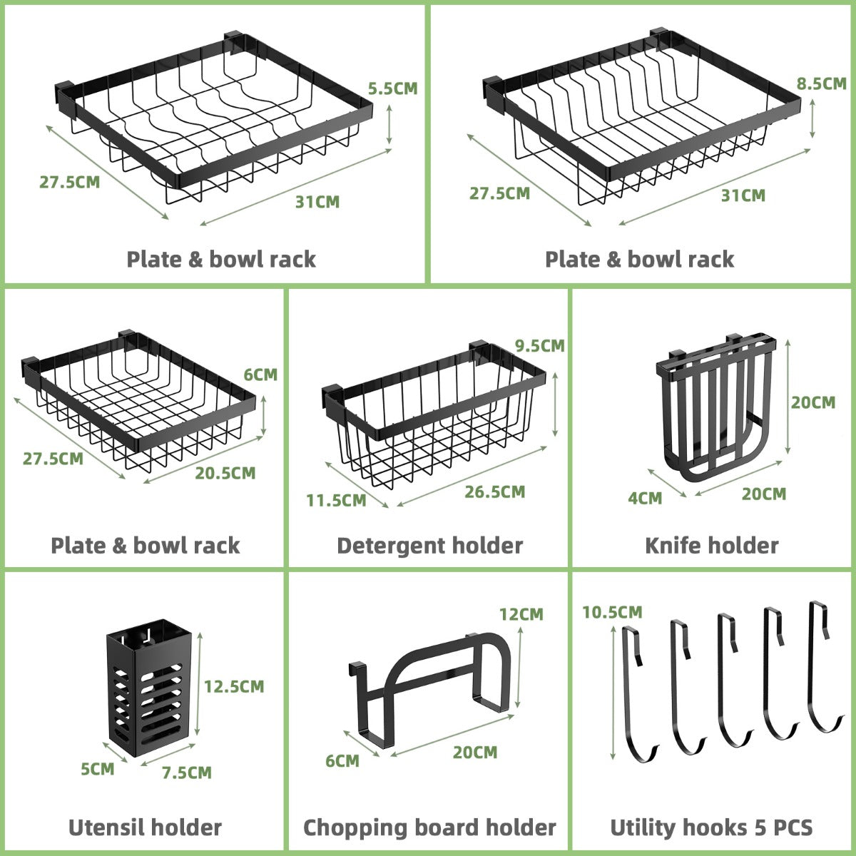LIVSK Afdruiprek Boven Gootsteen - Verstelbare Lengte 53-99 cm - 3 Manden - Keukengerei Houder - 8 Haken - Zwart