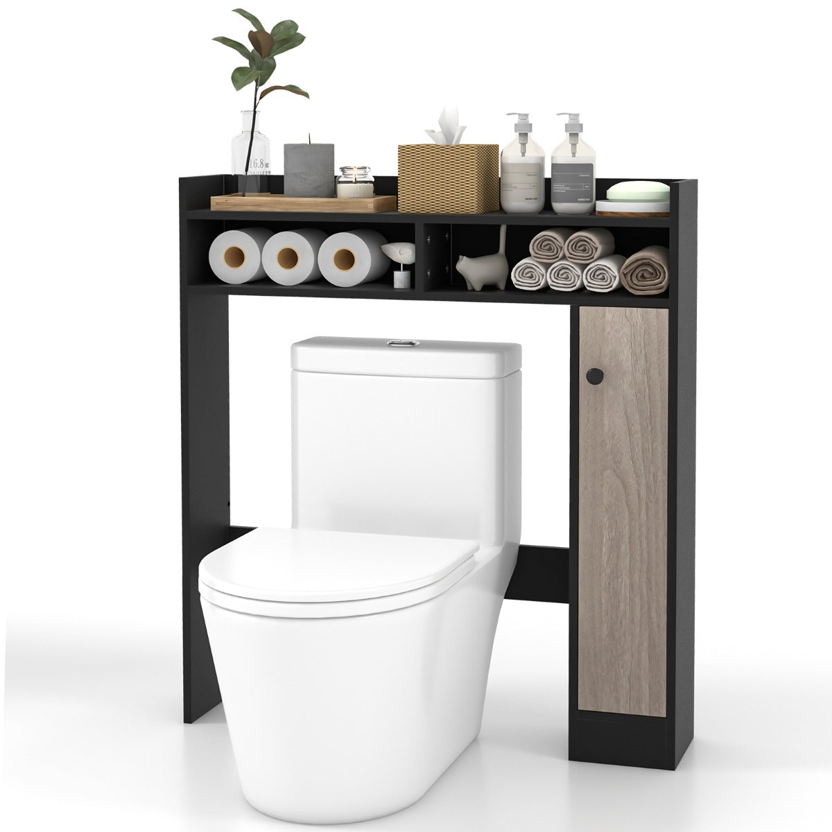 LIVSK Vrijstaand Toiletkastje Organizer - Grote Opslagcapaciteit - Verstelbare Planken - Ruimtebesparend - Zwart + Bruin