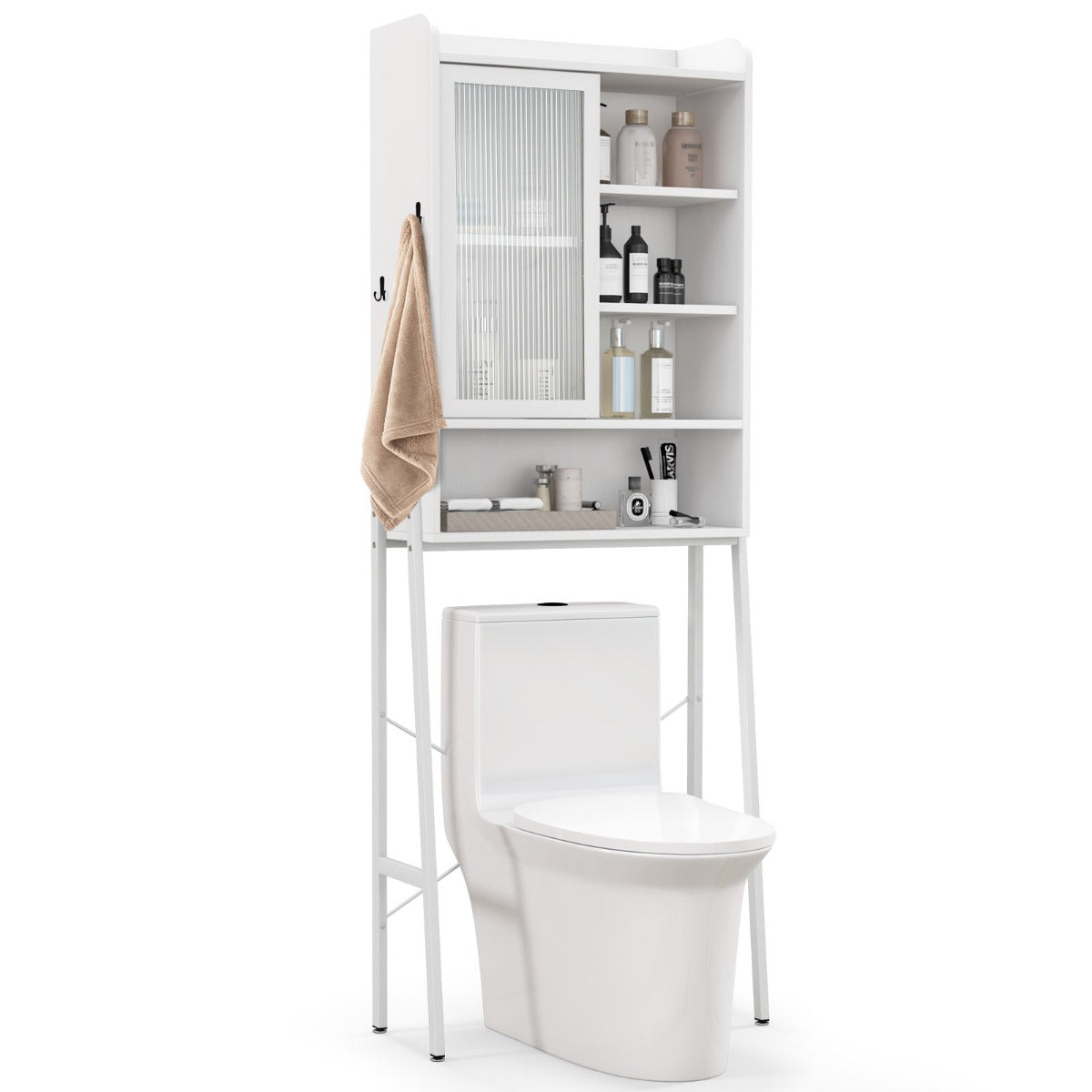 LIVSK Opbergelement Boven het Toilet - Verstelbare Planken - Dubbele Kantelbeveiliging - Stevig Metalen Frame - 63 x 29 x 170 cm
