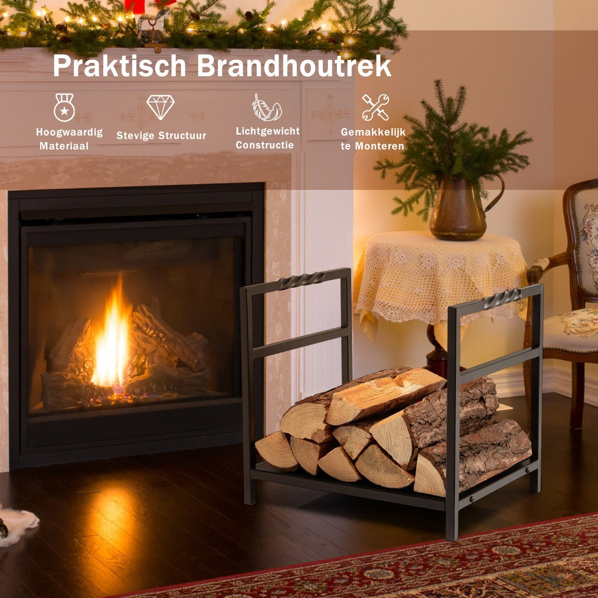 LIVSK Brandhoutrek Metaal - Handgrepen - Duurzaam en Weerbestendig - 50 kg Capaciteit - 40 x 34 x 36 cm - Zwart