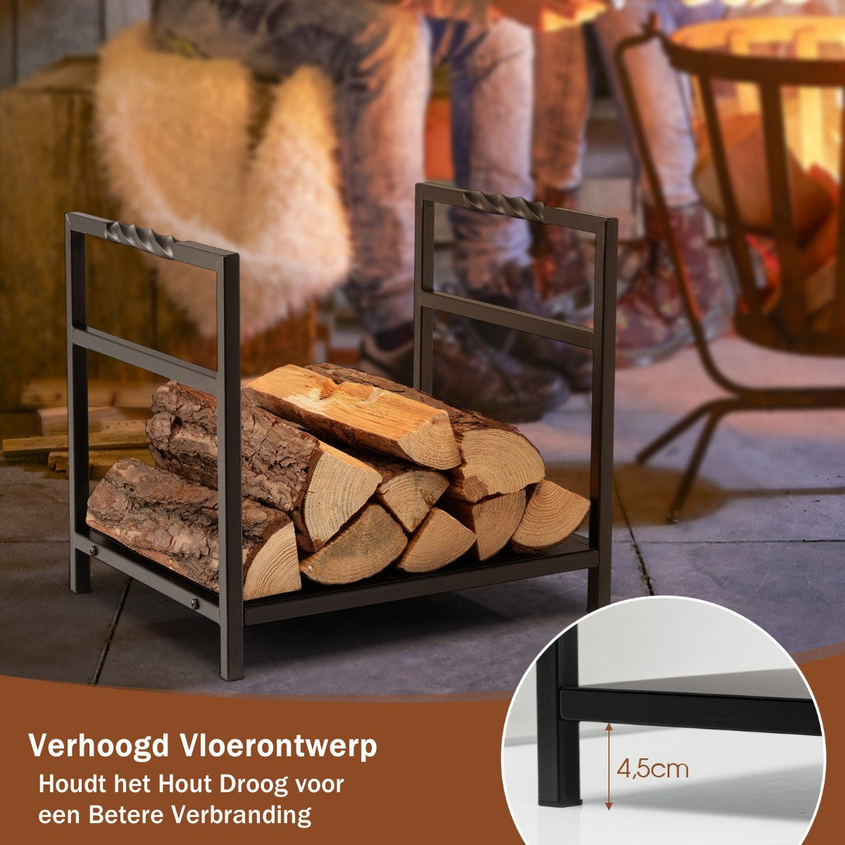LIVSK Brandhoutrek Metaal - Handgrepen - Duurzaam en Weerbestendig - 50 kg Capaciteit - 40 x 34 x 36 cm - Zwart