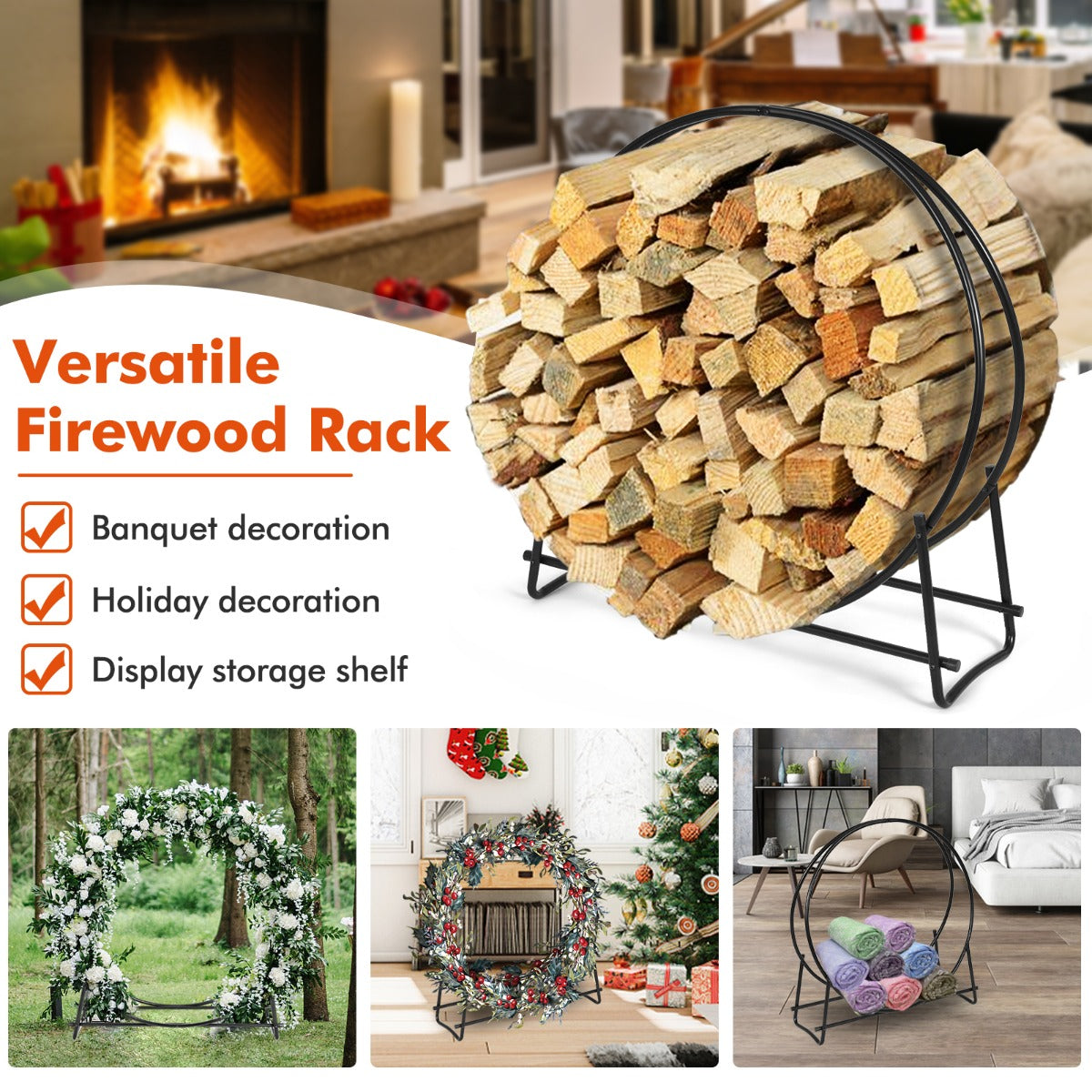 LIVSK Haardhoutrek Metaal - Belastbaar tot 200 kg - Stevig en Elegant - Voor Binnen en Buiten - 95 x 33 x 104 cm - Zwart