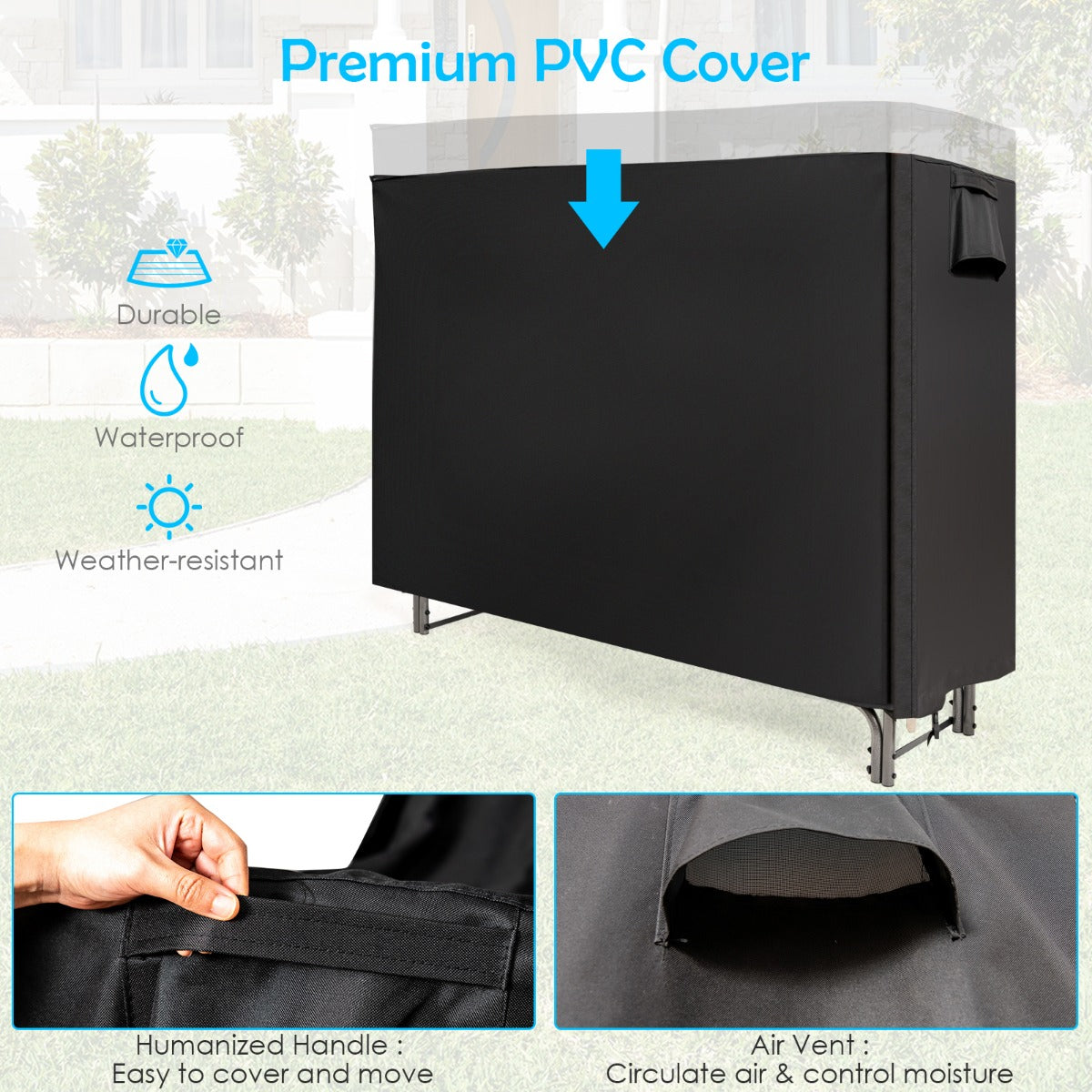 LIVSK Brandhoutrek voor Buiten - Waterdichte PVC-afdekking - Ventilatieopening - Stabiel Ijzeren Frame - 153 x 35,5 x 122,5 cm -
