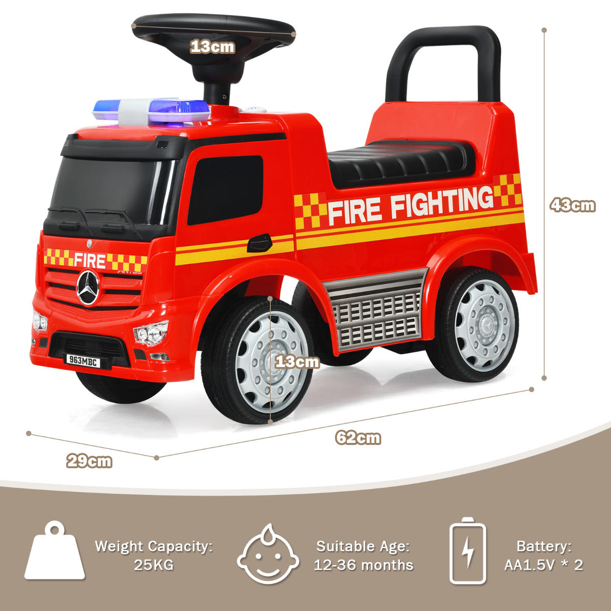 LIVSK Brandweerwagen Rijden-op Speelgoed - Realistisch Uiterlijk - Waarschuwingslicht - Ergonomische Zitting - Tot 25 kg - Rood