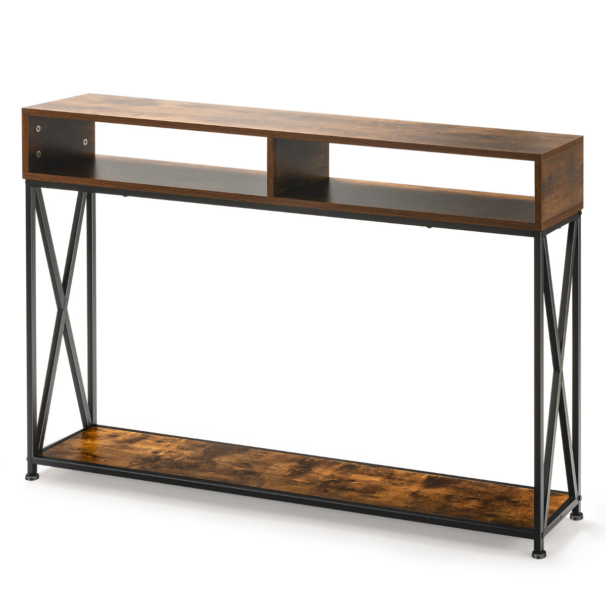 LIVSK Consoletafel - Open Planken - X-Vormig Frame - Waterdicht en Slijtvast - Voor Kleine Ruimtes - Rustiek Bruin