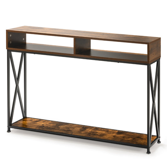 LIVSK Consoletafel - Open Planken - X-Vormig Frame - Waterdicht en Slijtvast - Voor Kleine Ruimtes - Rustiek Bruin