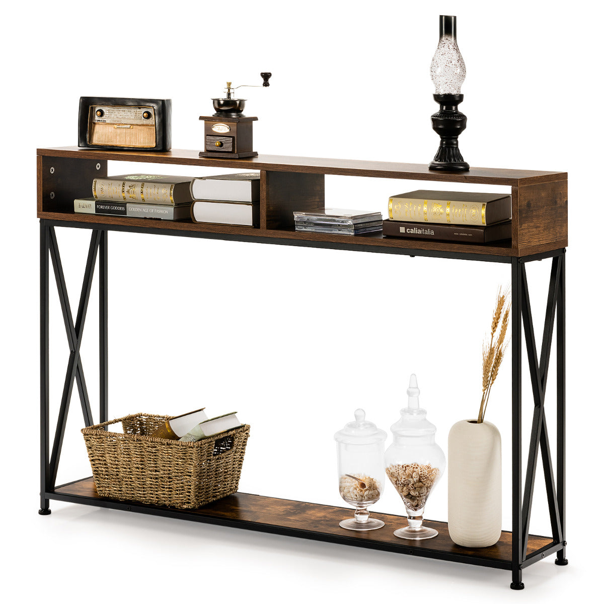 LIVSK Consoletafel - Open Planken - X-Vormig Frame - Waterdicht en Slijtvast - Voor Kleine Ruimtes - Rustiek Bruin