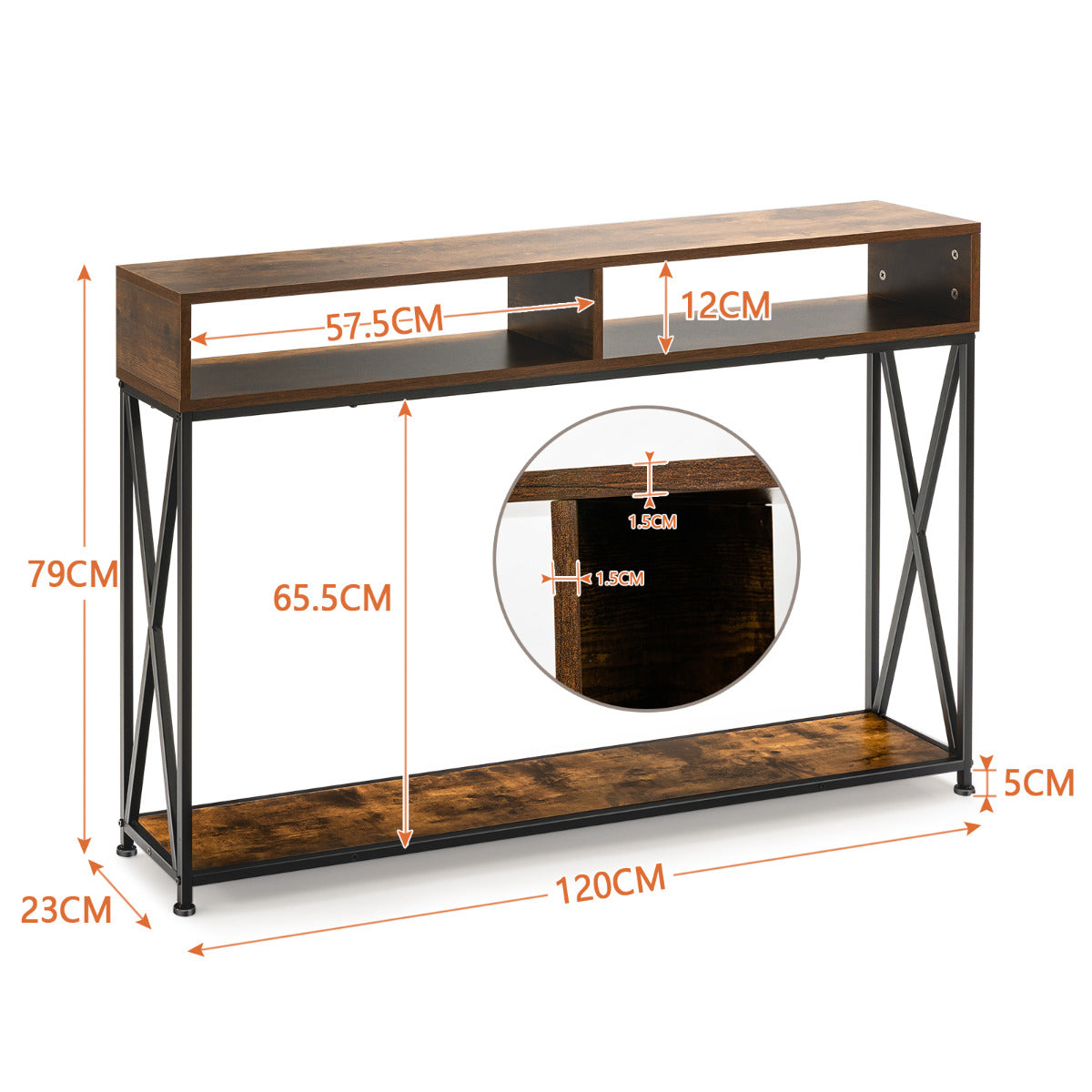 LIVSK Consoletafel - Open Planken - X-Vormig Frame - Waterdicht en Slijtvast - Voor Kleine Ruimtes - Rustiek Bruin