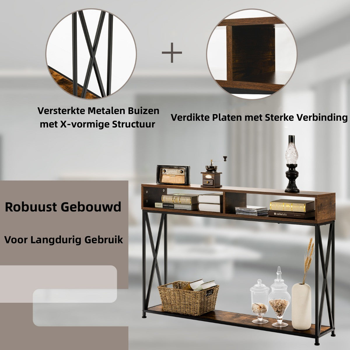 LIVSK Consoletafel - Open Planken - X-Vormig Frame - Waterdicht en Slijtvast - Voor Kleine Ruimtes - Rustiek Bruin