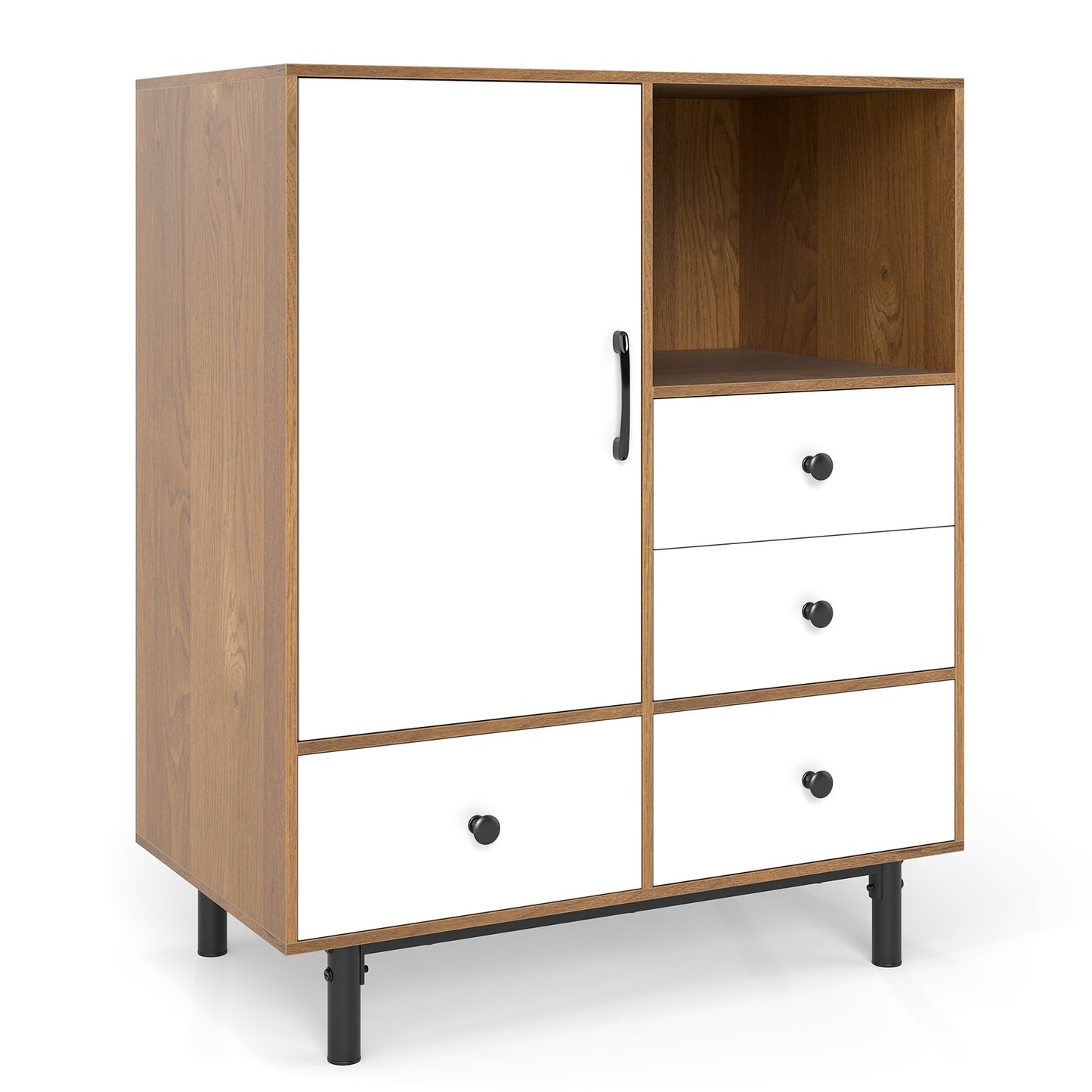 LIVSK Opbergkast Mid-century Modern - 4 Lades - Open Vak - Duurzaam - Zachte Sluiting - Tot 120 kg - Natuur + Wit