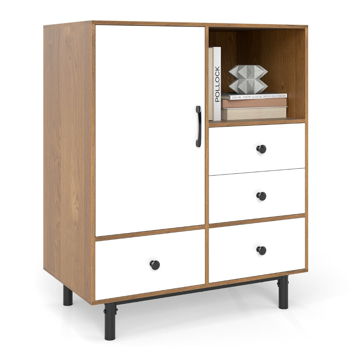 LIVSK Opbergkast Mid-century Modern - 4 Lades - Open Vak - Duurzaam - Zachte Sluiting - Tot 120 kg - Natuur + Wit