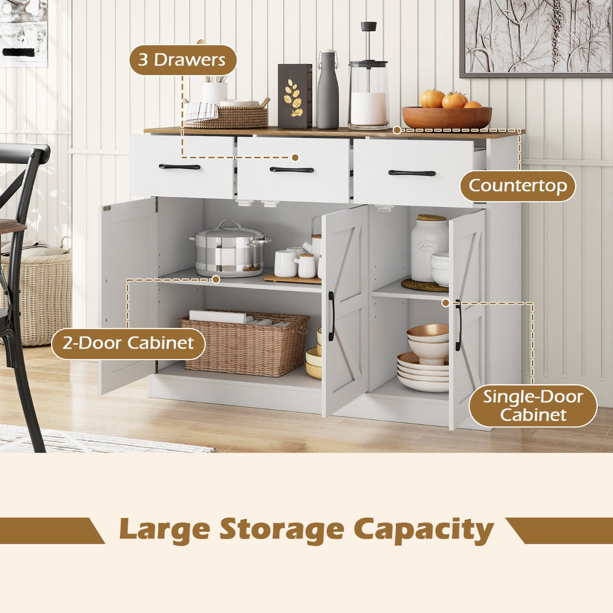 Livsk costway buffetkast met 3 laden dressoir met verstelbare planken en deuren houten keukenkast 4