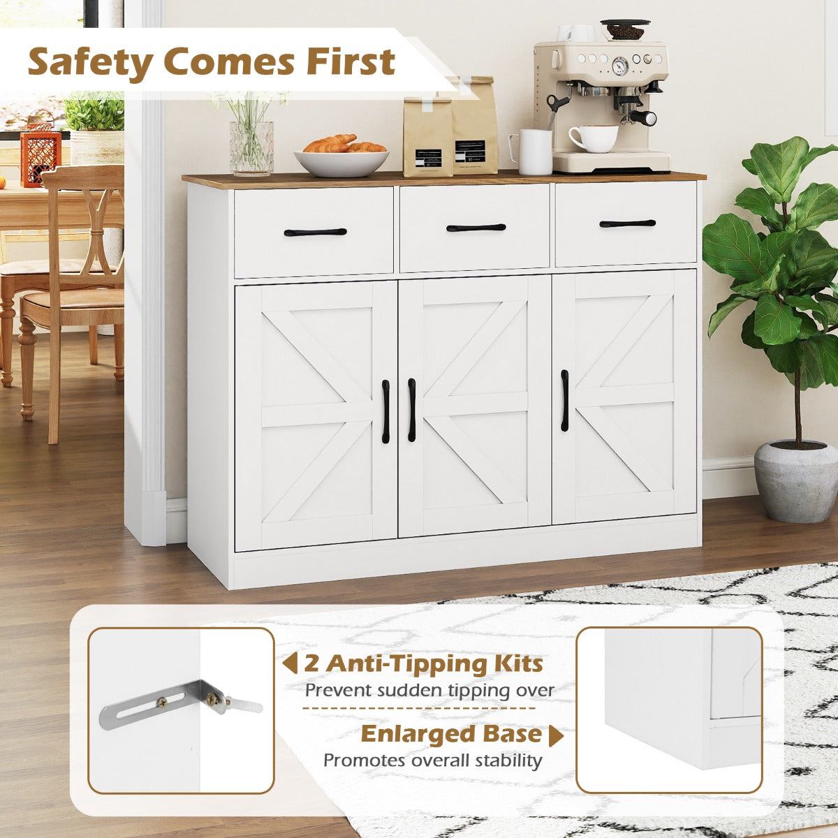 Livsk costway buffetkast met 3 laden dressoir met verstelbare planken en deuren houten keukenkast 5
