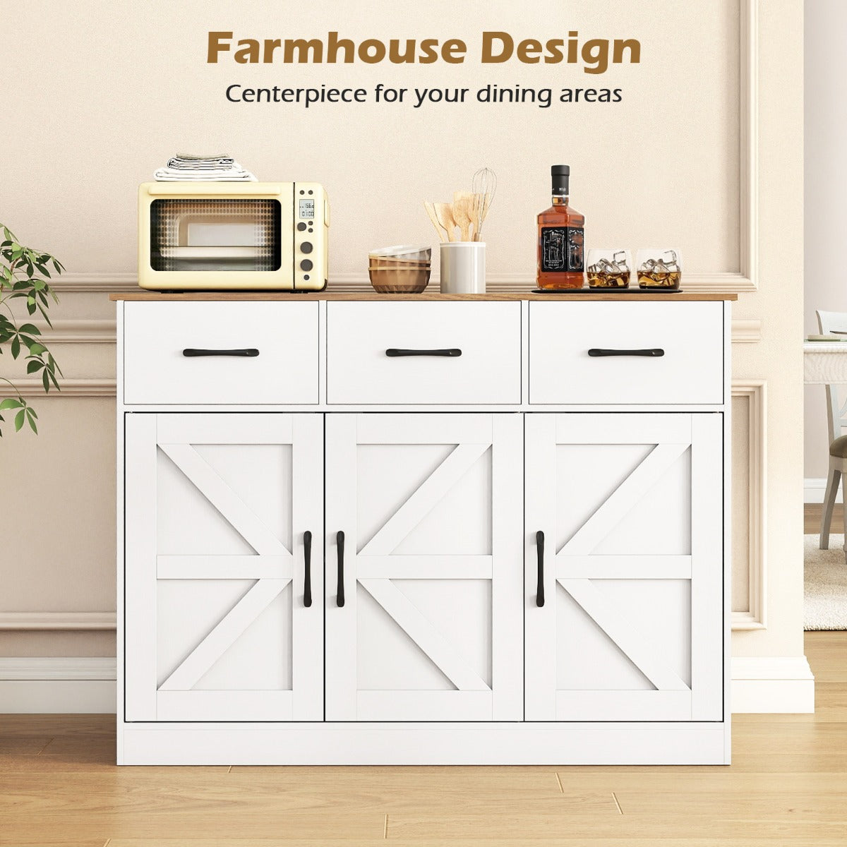 Livsk costway buffetkast met 3 laden dressoir met verstelbare planken en deuren houten keukenkast 6