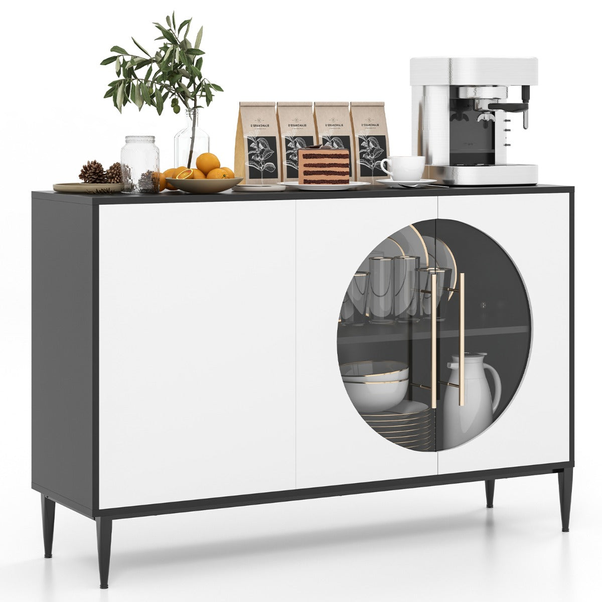 LIVSK Moderne Buffetkast - Gehard Glas - Verstelbare Planken - Metalen Poten - Ruimte voor Servies - 120 x 35 x 80 cm - Wit +