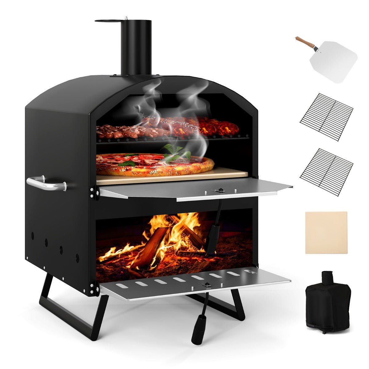 LIVSK Buiten Pizzaoven met 40 cm Pizzasteen - 2 - laags Kookruimte - Inklapbare Poten - Hittebestendig - Zwart en Zilver