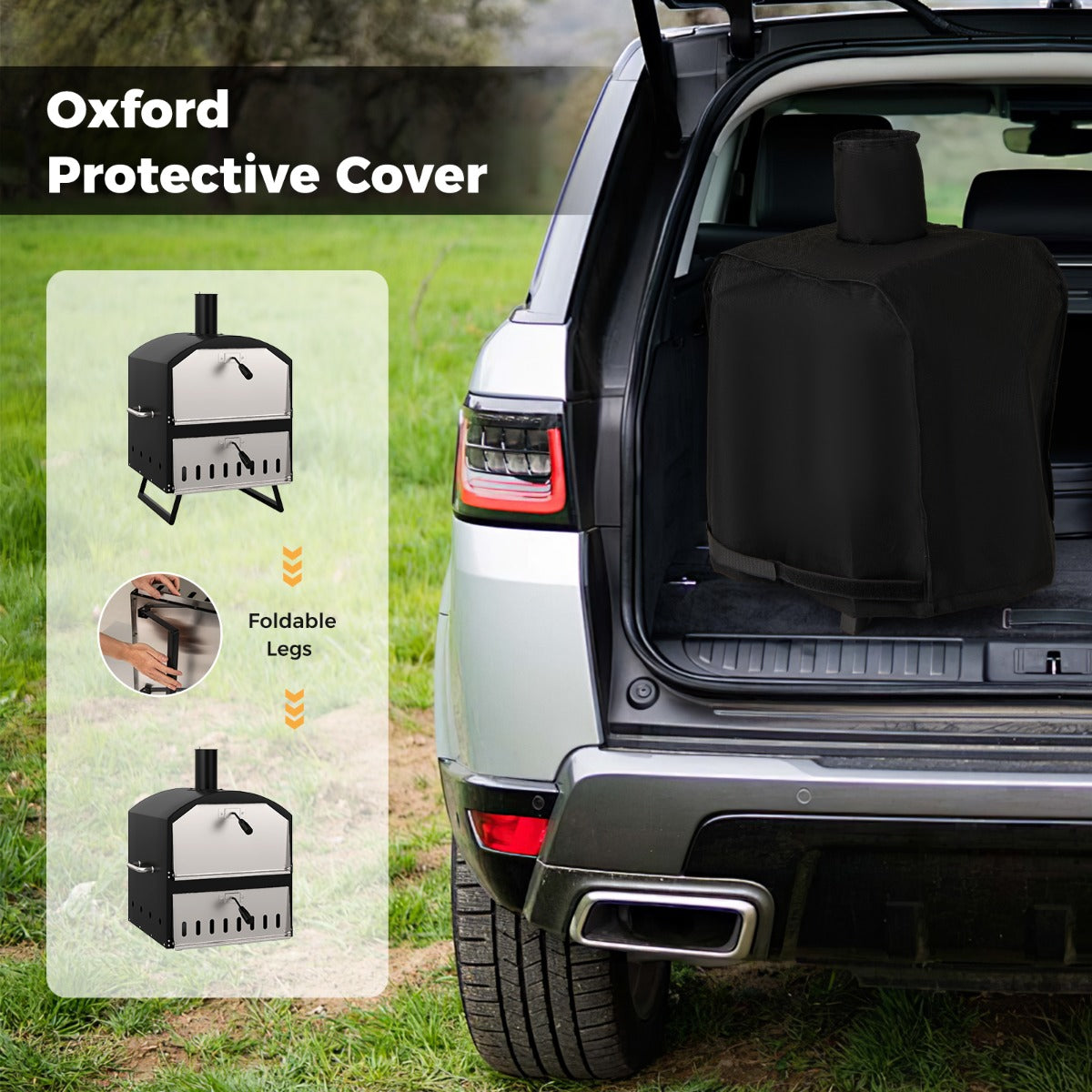 LIVSK Buiten Pizzaoven met 40 cm Pizzasteen - 2 - laags Kookruimte - Inklapbare Poten - Hittebestendig - Zwart en Zilver