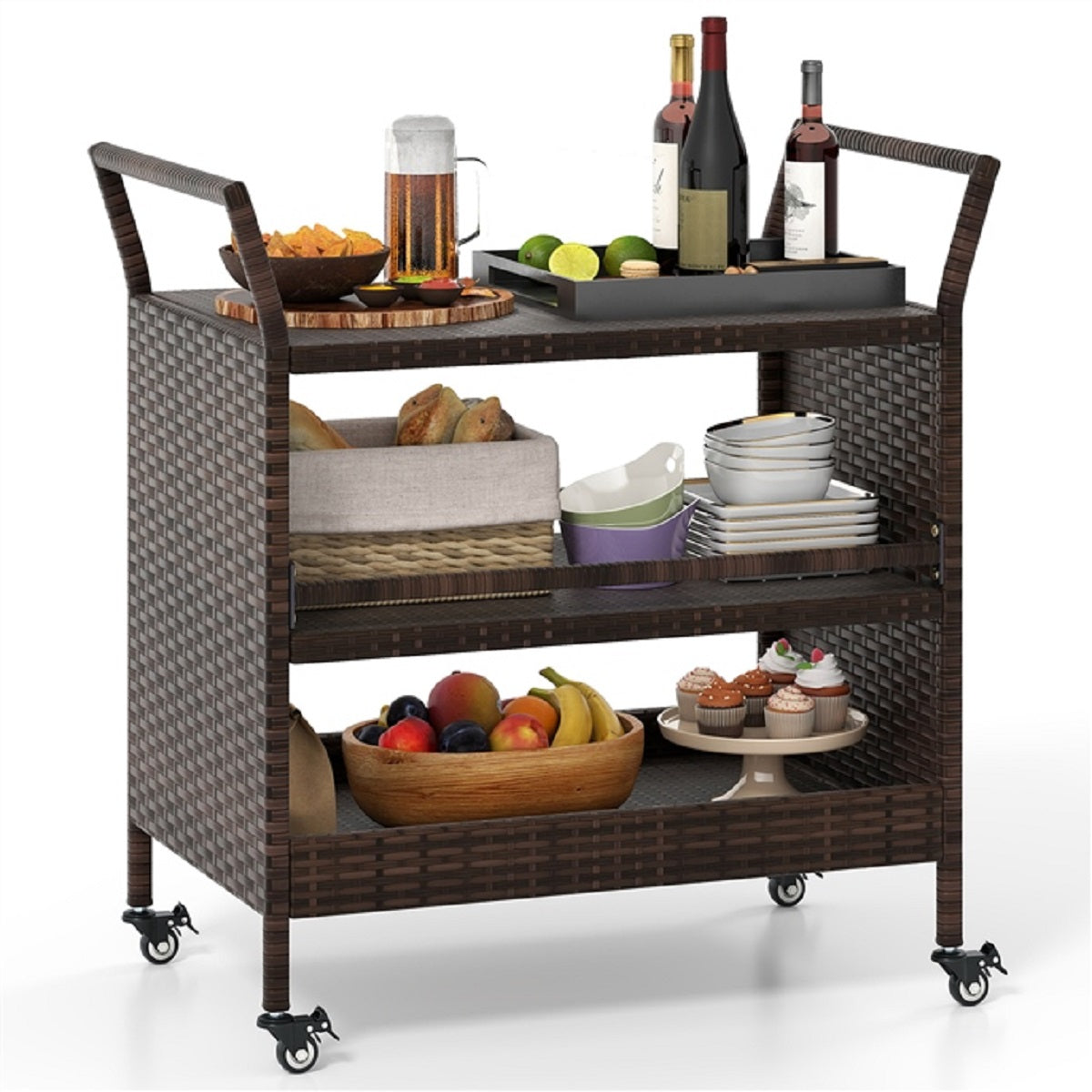 LIVSK Buiten-barwagen - Duurzaam Rattan - Vergrendelbare Wielen - Handige Zijgrepen - 86 x 50 x 89 cm - Mix Bruin