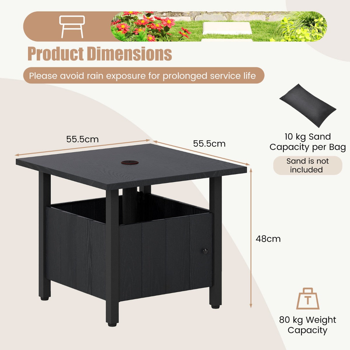 LIVSK Pool-bijzettafel met Parasolgat - Robuuste Zink-IJzerlegering - Verstelbare Voeten - 2 Zandzakken - 55,5 x 55,5 x 48 cm -