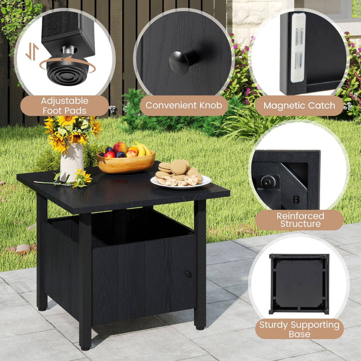 LIVSK Pool-bijzettafel met Parasolgat - Robuuste Zink-IJzerlegering - Verstelbare Voeten - 2 Zandzakken - 55,5 x 55,5 x 48 cm -