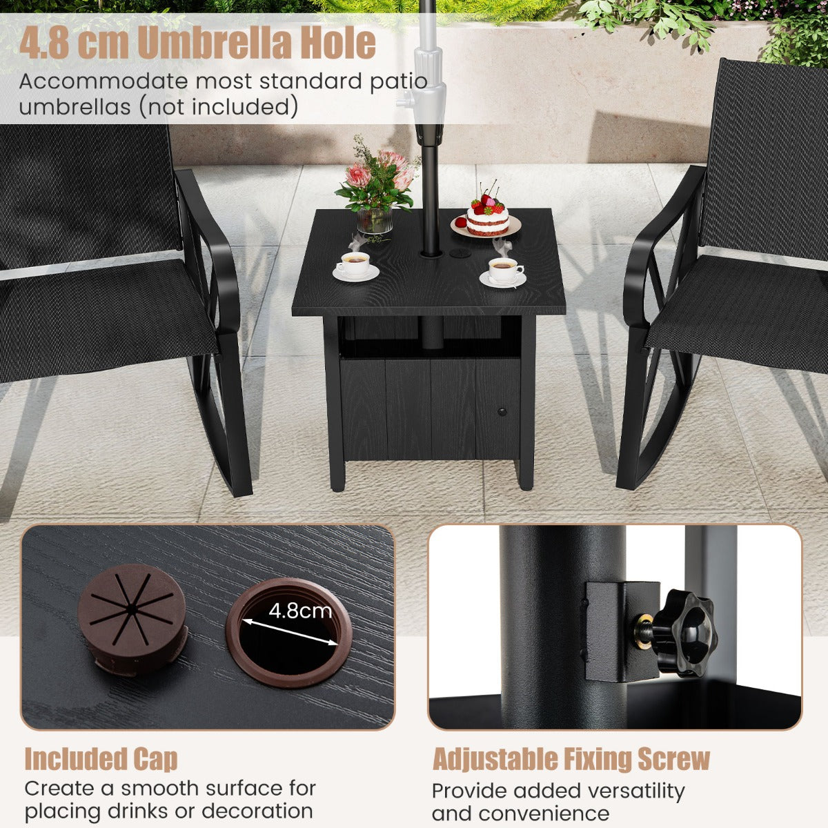 LIVSK Pool-bijzettafel met Parasolgat - Robuuste Zink-IJzerlegering - Verstelbare Voeten - 2 Zandzakken - 55,5 x 55,5 x 48 cm -