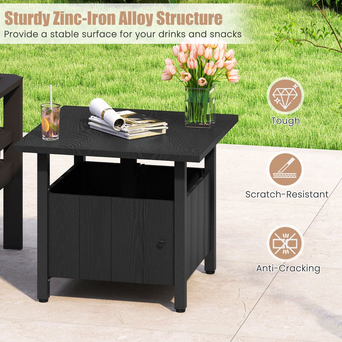 LIVSK Pool-bijzettafel met Parasolgat - Robuuste Zink-IJzerlegering - Verstelbare Voeten - 2 Zandzakken - 55,5 x 55,5 x 48 cm -