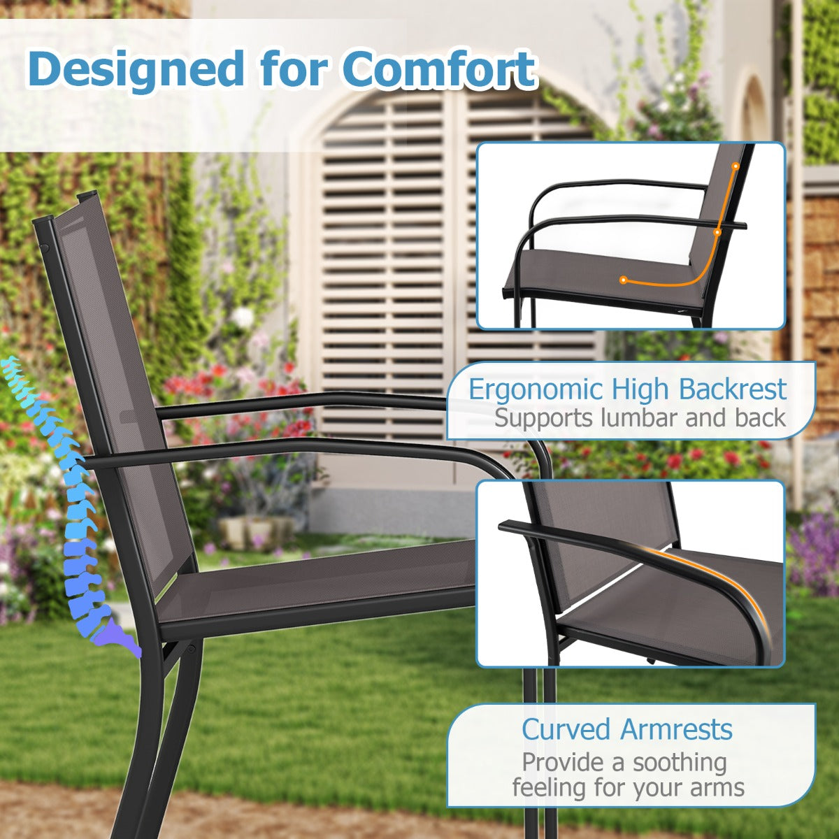 LIVSK Stapelbare Terras Eetkamerstoelen - Ergonomische Rugleuning - Ademend - Duurzaam Metalen Frame - Set van 2 - Grijs + Zwart