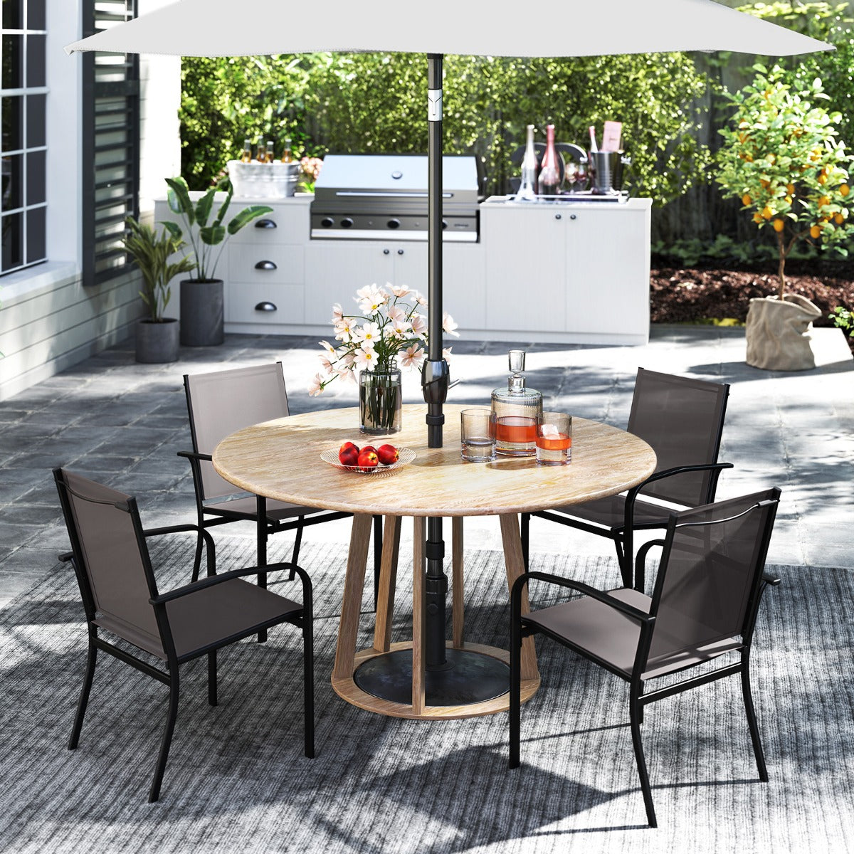 LIVSK Stapelbare Terras Eetkamerstoelen - Ergonomische Rugleuning - Ademend - Duurzaam Metalen Frame - Set van 2 - Grijs + Zwart