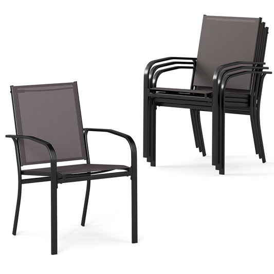 LIVSK Terras Eetkamerstoelen Set van 4 - Ergonomisch en Stapelbaar - Poedercoated Frame - Tot 150 kg - Grijs + Zwart
