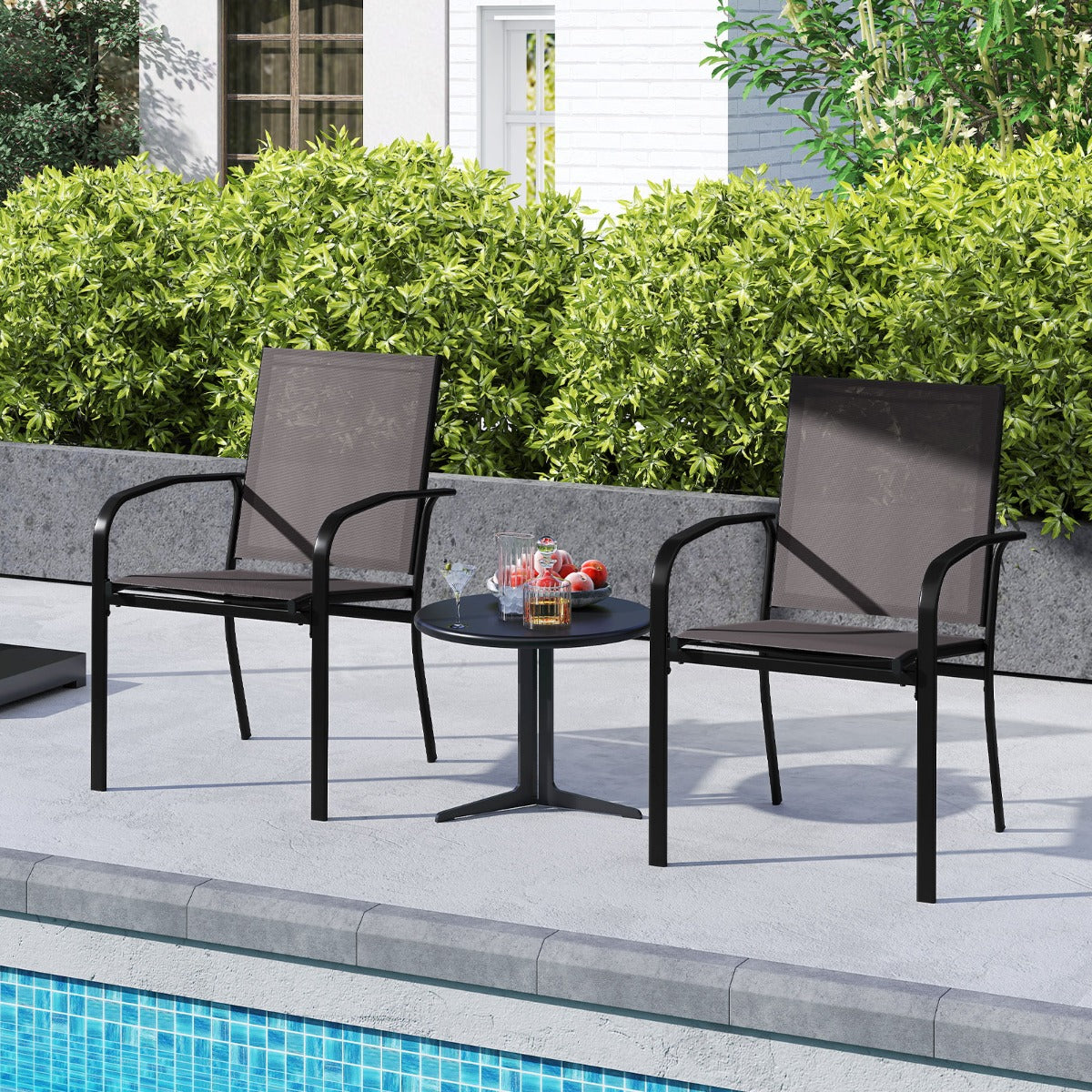 LIVSK Terras Eetkamerstoelen Set van 4 - Ergonomisch en Stapelbaar - Poedercoated Frame - Tot 150 kg - Grijs + Zwart