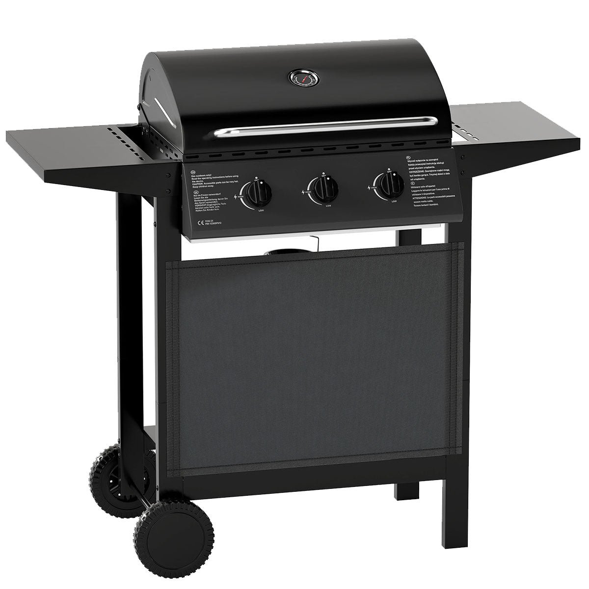 LIVSK Gasgrill - 3 Branders van 8000 BTU - Royaal Grilloppervlak 1608 cm² - Zijtafels en Onderste Plank - Draagbaar - Zwart