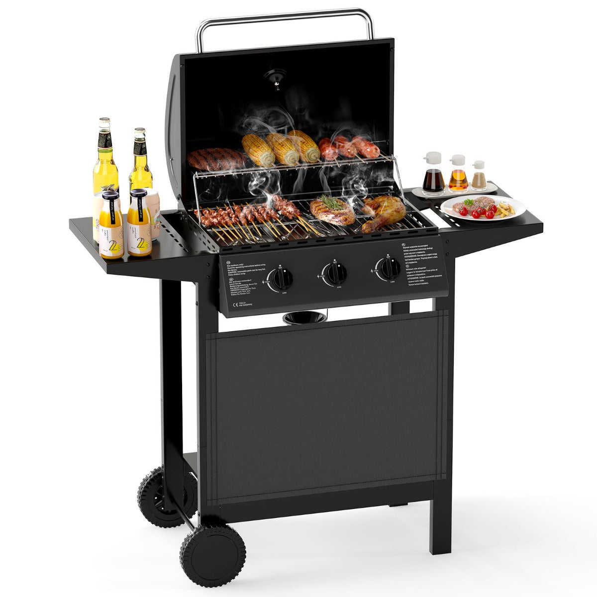 LIVSK Gasgrill - 3 Branders van 8000 BTU - Royaal Grilloppervlak 1608 cm² - Zijtafels en Onderste Plank - Draagbaar - Zwart