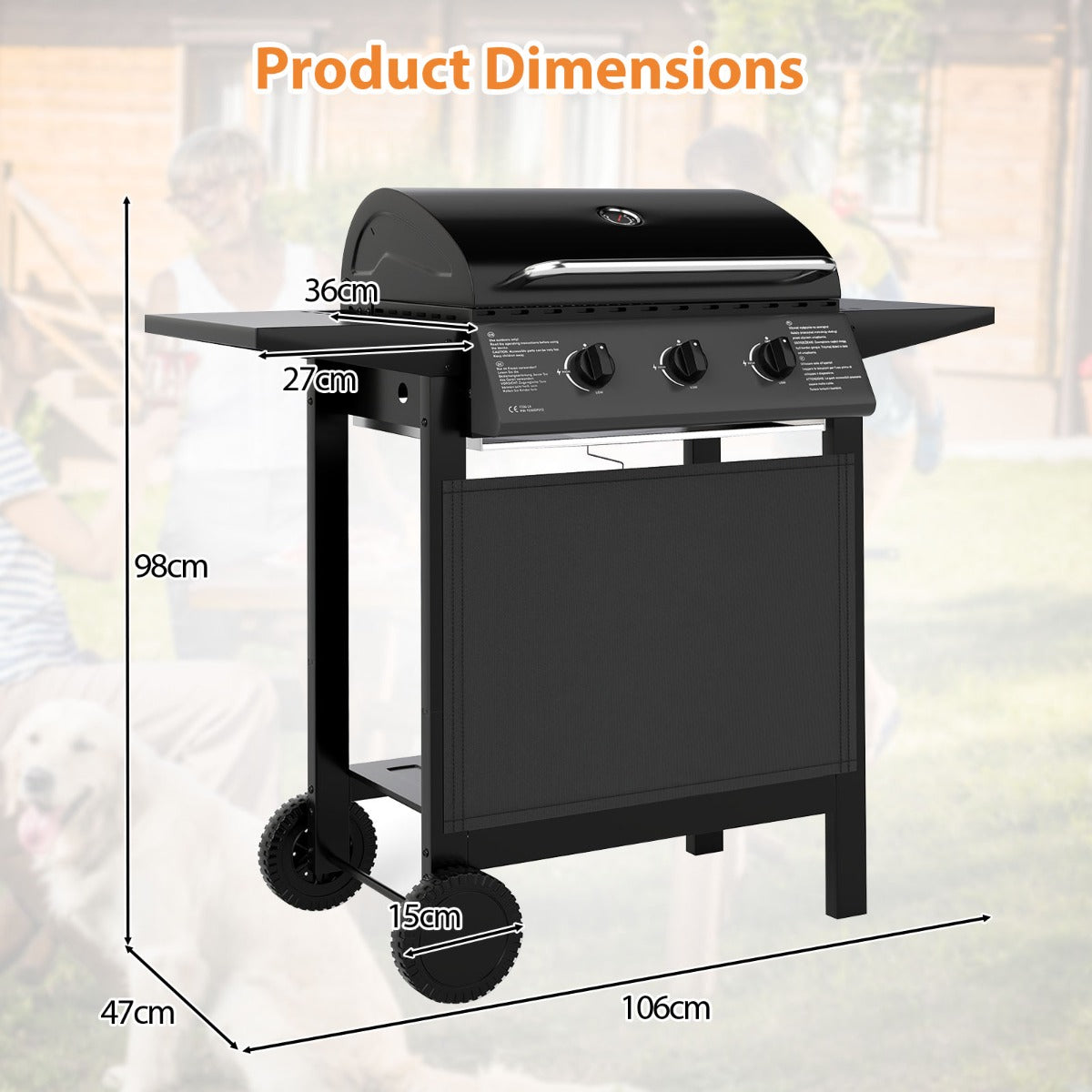 LIVSK Gasgrill - 3 Branders van 8000 BTU - Royaal Grilloppervlak 1608 cm² - Zijtafels en Onderste Plank - Draagbaar - Zwart