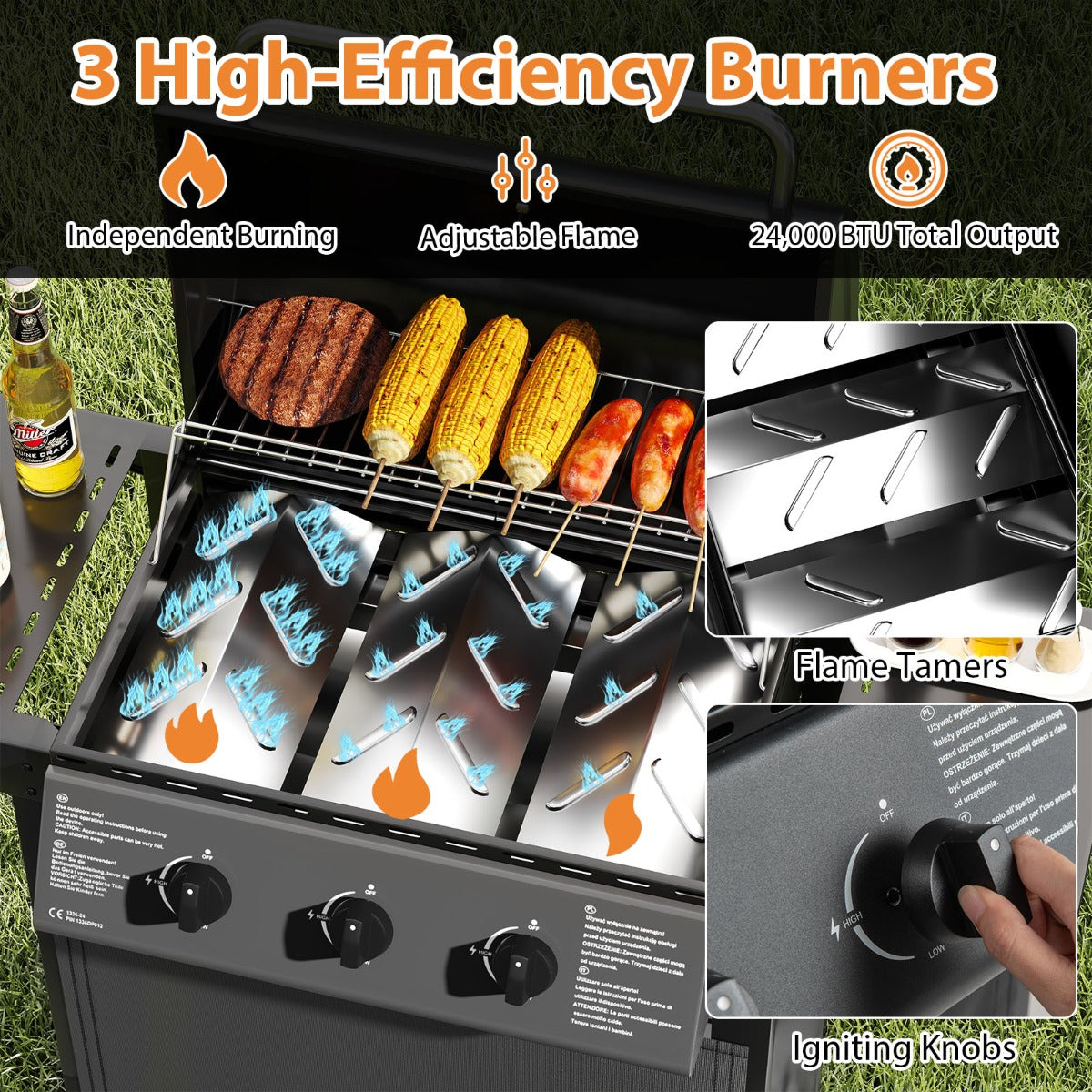 LIVSK Gasgrill - 3 Branders van 8000 BTU - Royaal Grilloppervlak 1608 cm² - Zijtafels en Onderste Plank - Draagbaar - Zwart