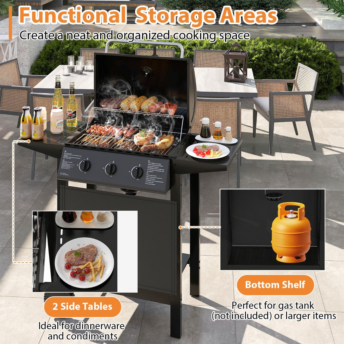 LIVSK Gasgrill - 3 Branders van 8000 BTU - Royaal Grilloppervlak 1608 cm² - Zijtafels en Onderste Plank - Draagbaar - Zwart