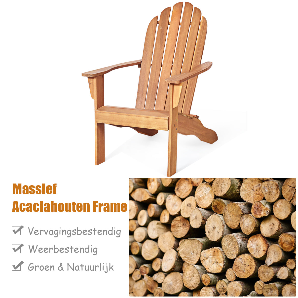 LIVSK Ergonomische Adirondack Stoel - Duurzaam Acaciahout - Comfortabel en Stevig - Voor Tuin en Terras - 69 x 88 x 103 cm -