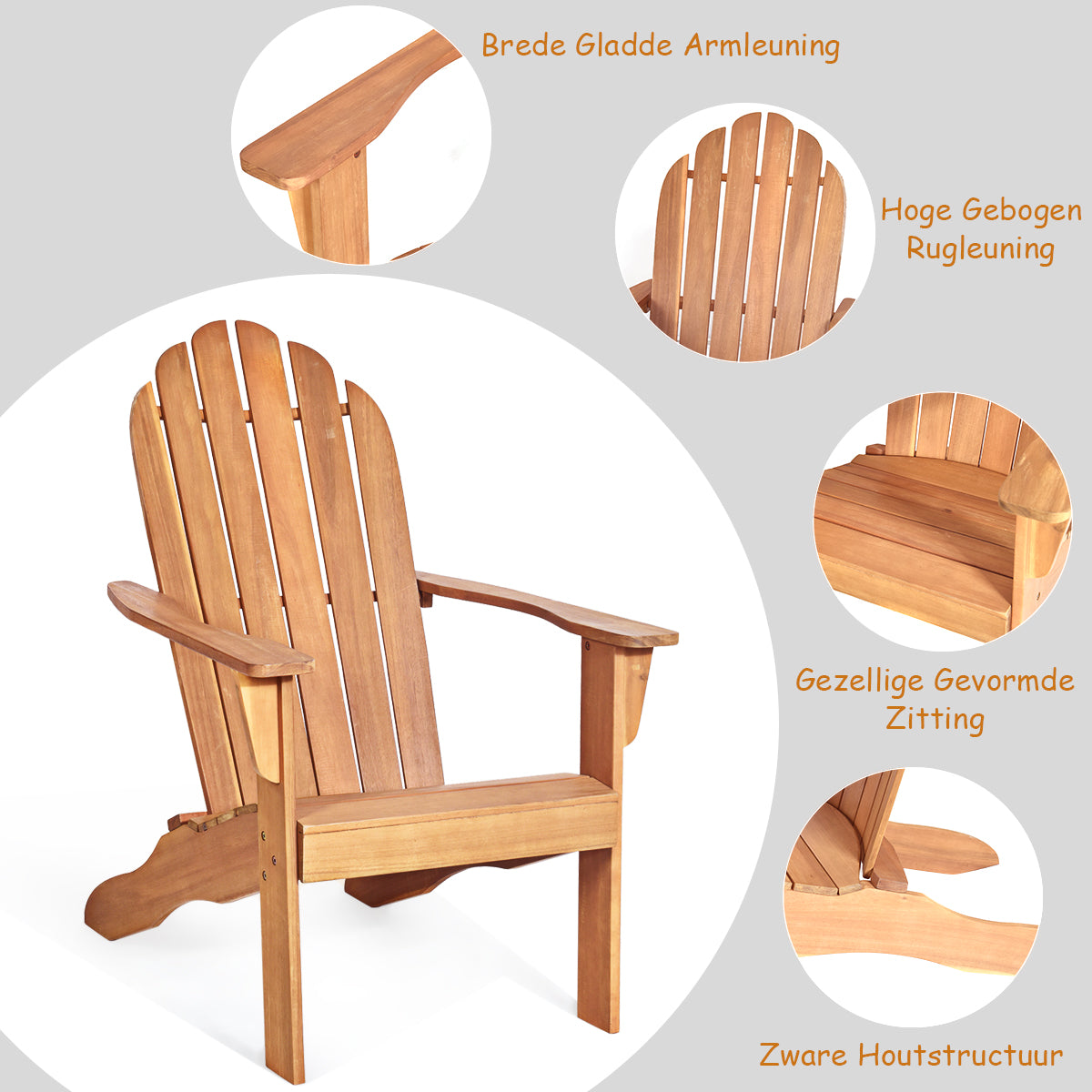 LIVSK Ergonomische Adirondack Stoel - Duurzaam Acaciahout - Comfortabel en Stevig - Voor Tuin en Terras - 69 x 88 x 103 cm -