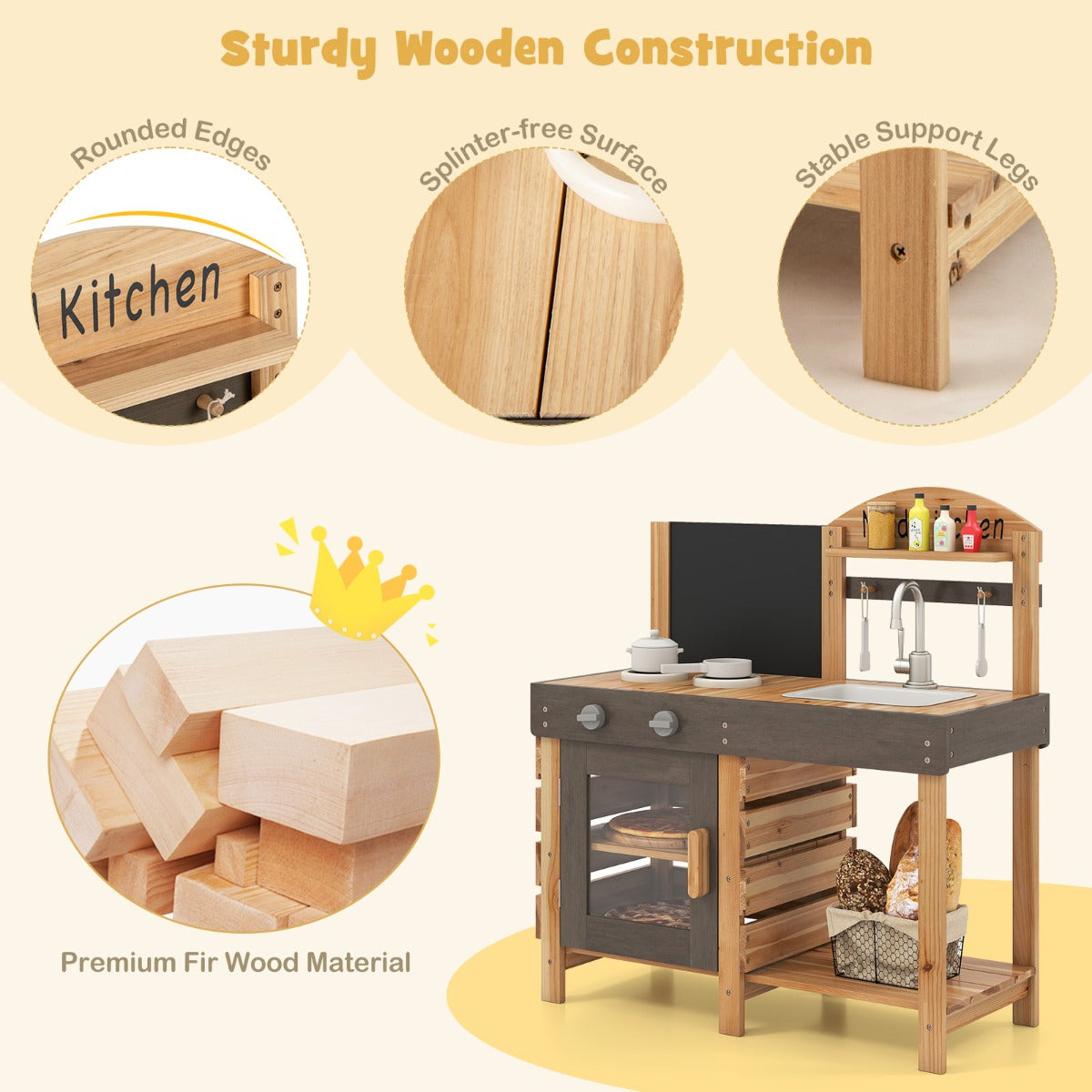 LIVSK Modderkeuken voor Kinderen - Houten Speelset met 2 Fornuizen en Gootsteen - Inclusief Accessoires - Voor 3 Jaar en Ouders -