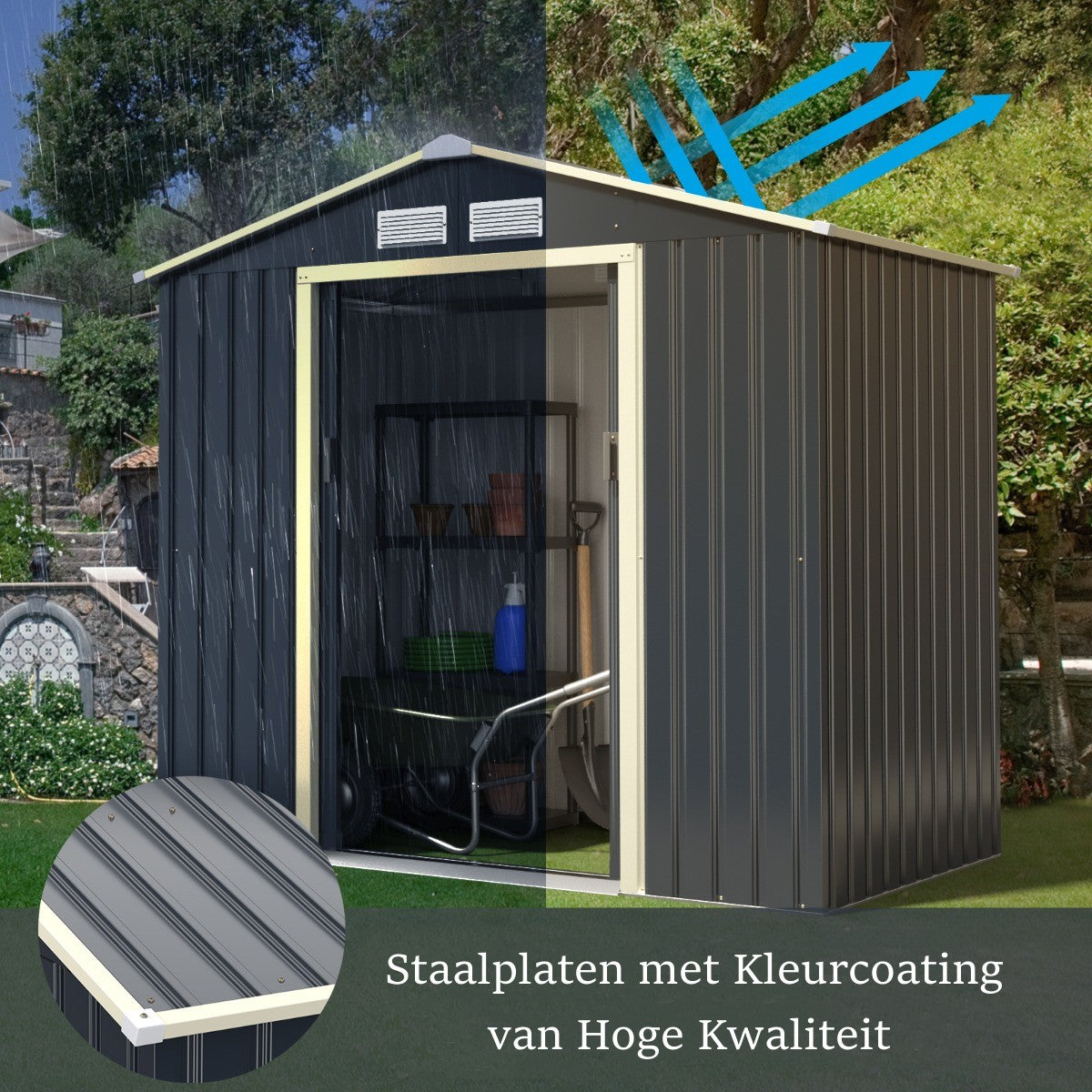 LIVSK Opbergschuur voor Tuingereedschap - Ruimte van 5,29 m² - Schuifdeuren met Slot - Ventilatieopeningen - Grijs